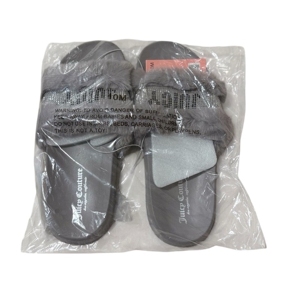 Juicy Couture Steady Grey Faux Fur Rhinestones Women’s Slide Slippers Size 10 - Picture 2 of 5